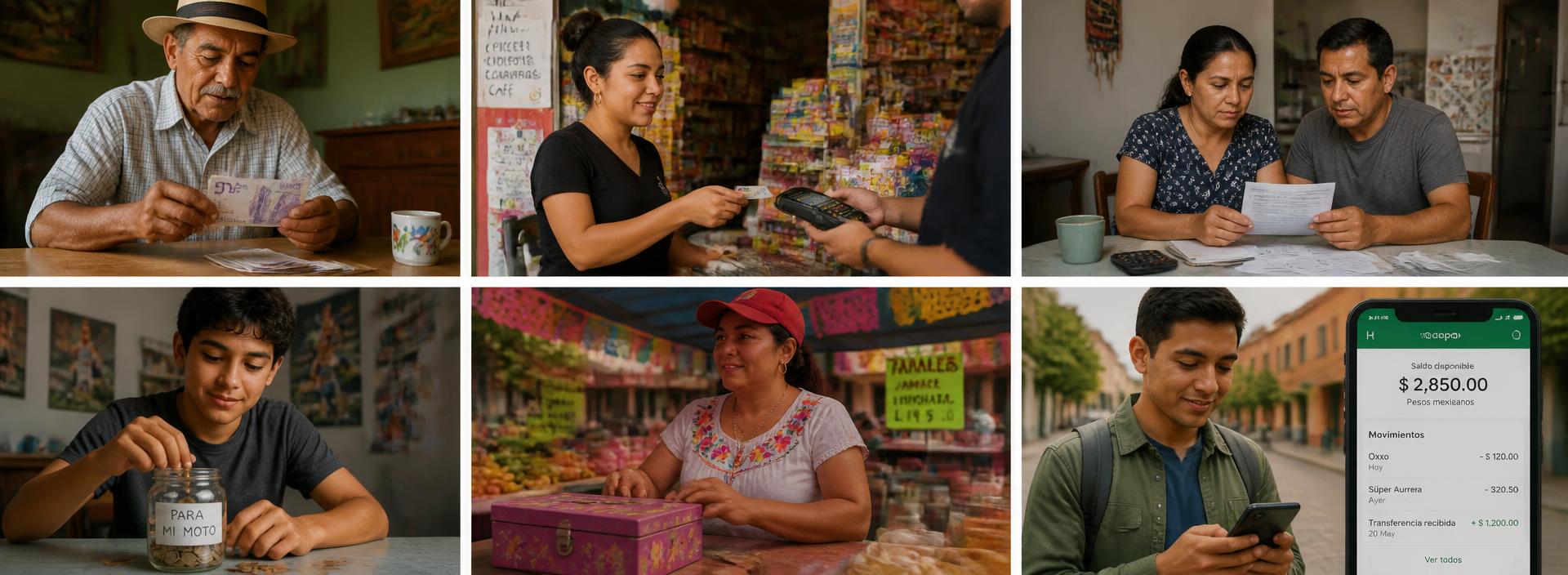 Personas latinas de distintas edades manejando su dinero en el día a día